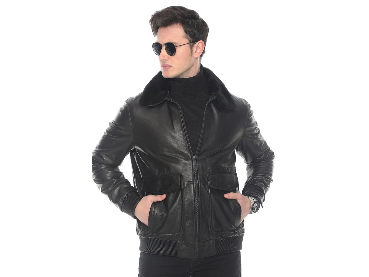 Urban Noir Leather Bomber with Fox Fur Collar