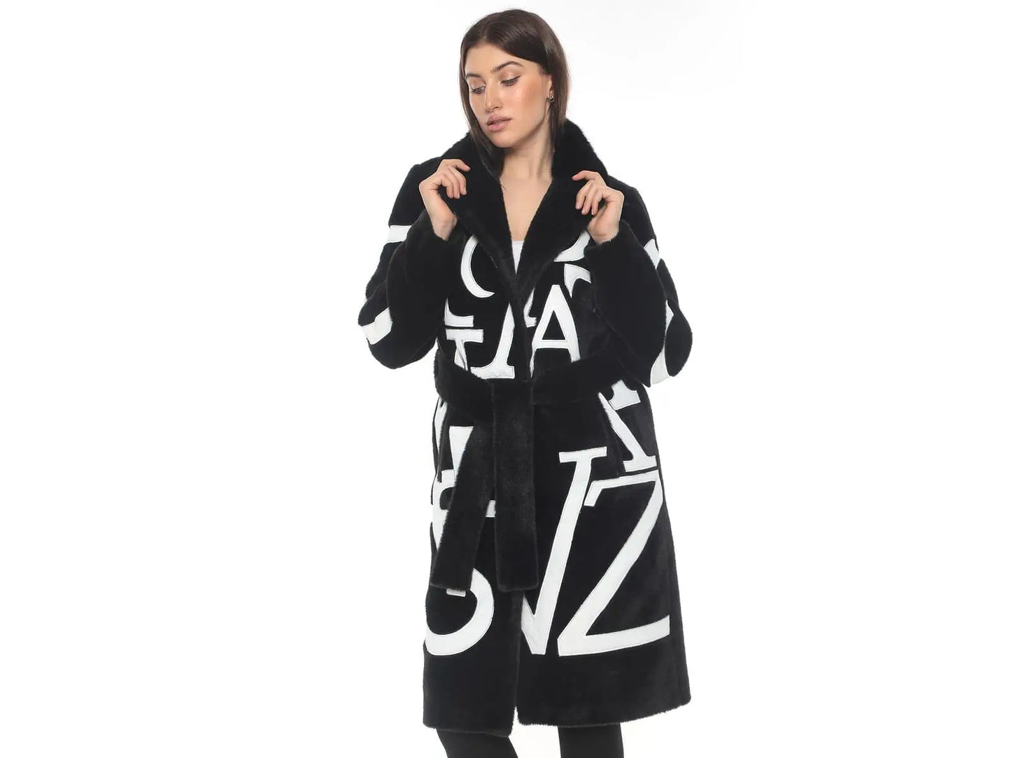 Black Lama Wool Knee-Length Coat with Mink Fur Collar & Letter Design