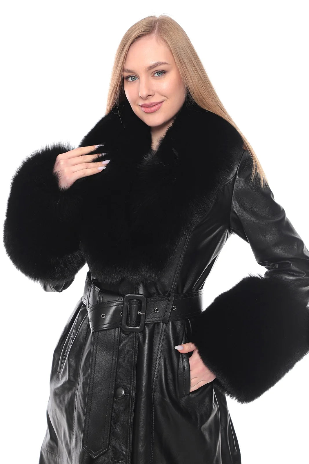 Kolleen Boutique Black Lamb Leather Coat with Detachable Fox Fur Accents