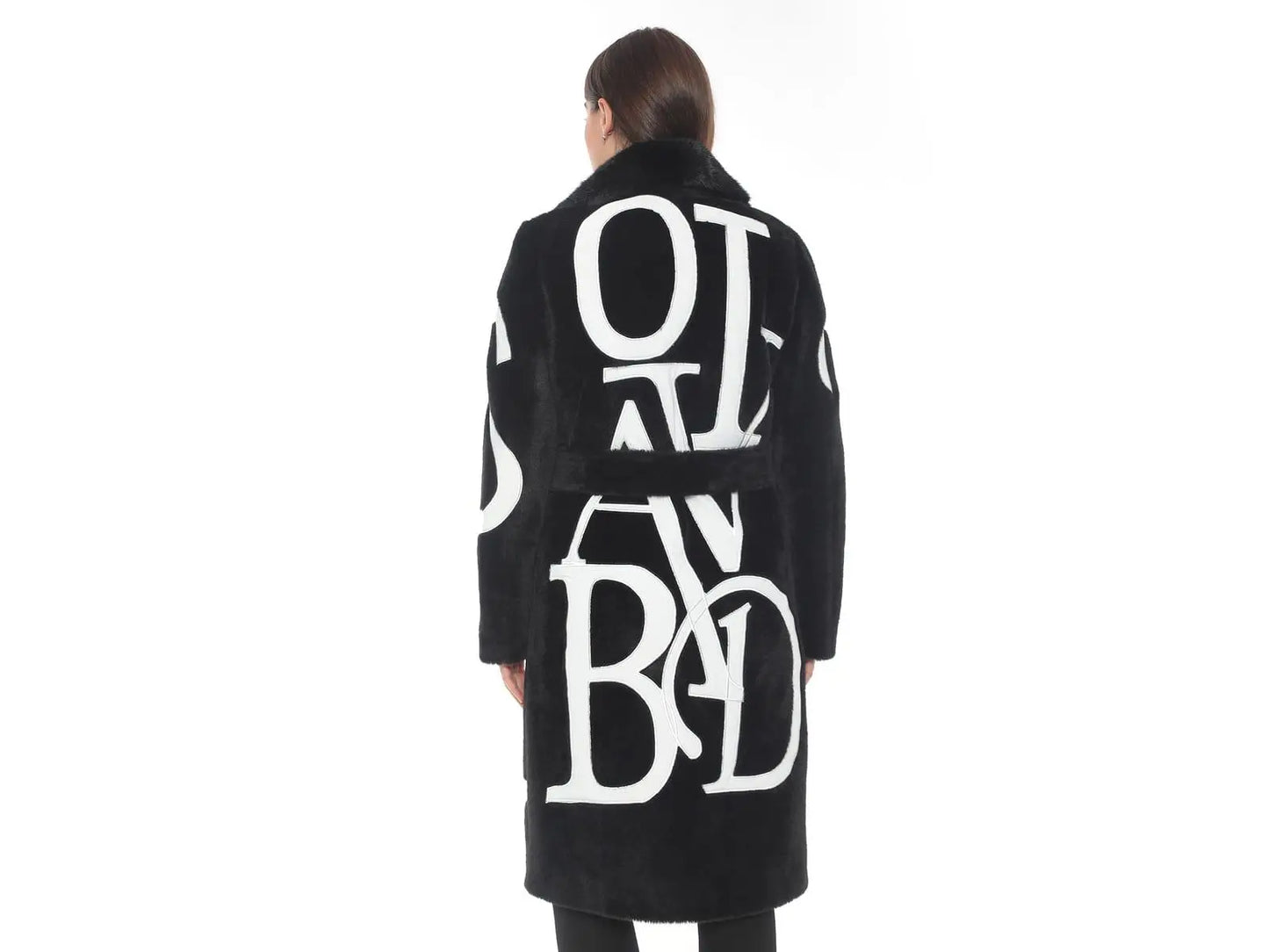 Black Lama Wool Knee-Length Coat with Mink Fur Collar & Letter Design