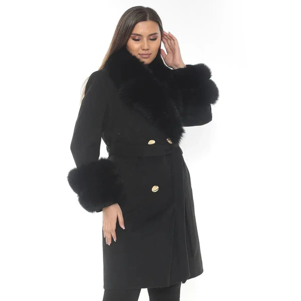 Black Cashmere Wool & Fox Fur Coat