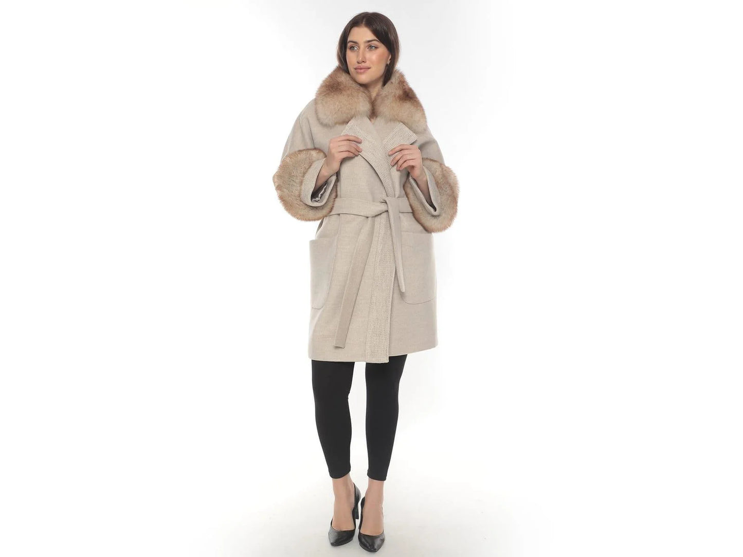 Elegant Beige Lama Coat with Fox Fur Accents