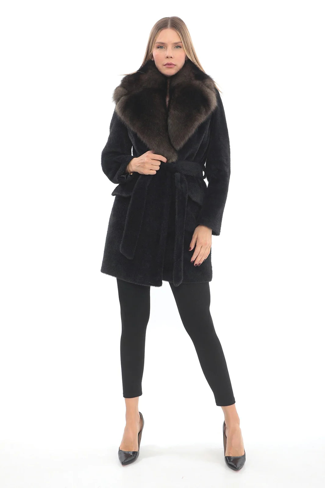 Sophisticated Black Llama Wool Coat with Brown Fox Fur Collar