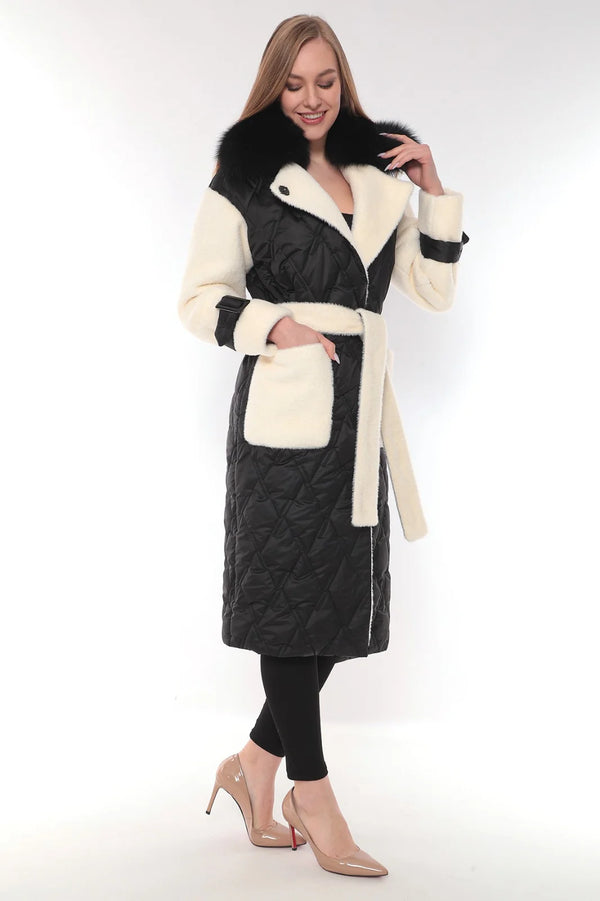 Opulent Black Llama Wool Coat with Elegant Fox Fur Collar