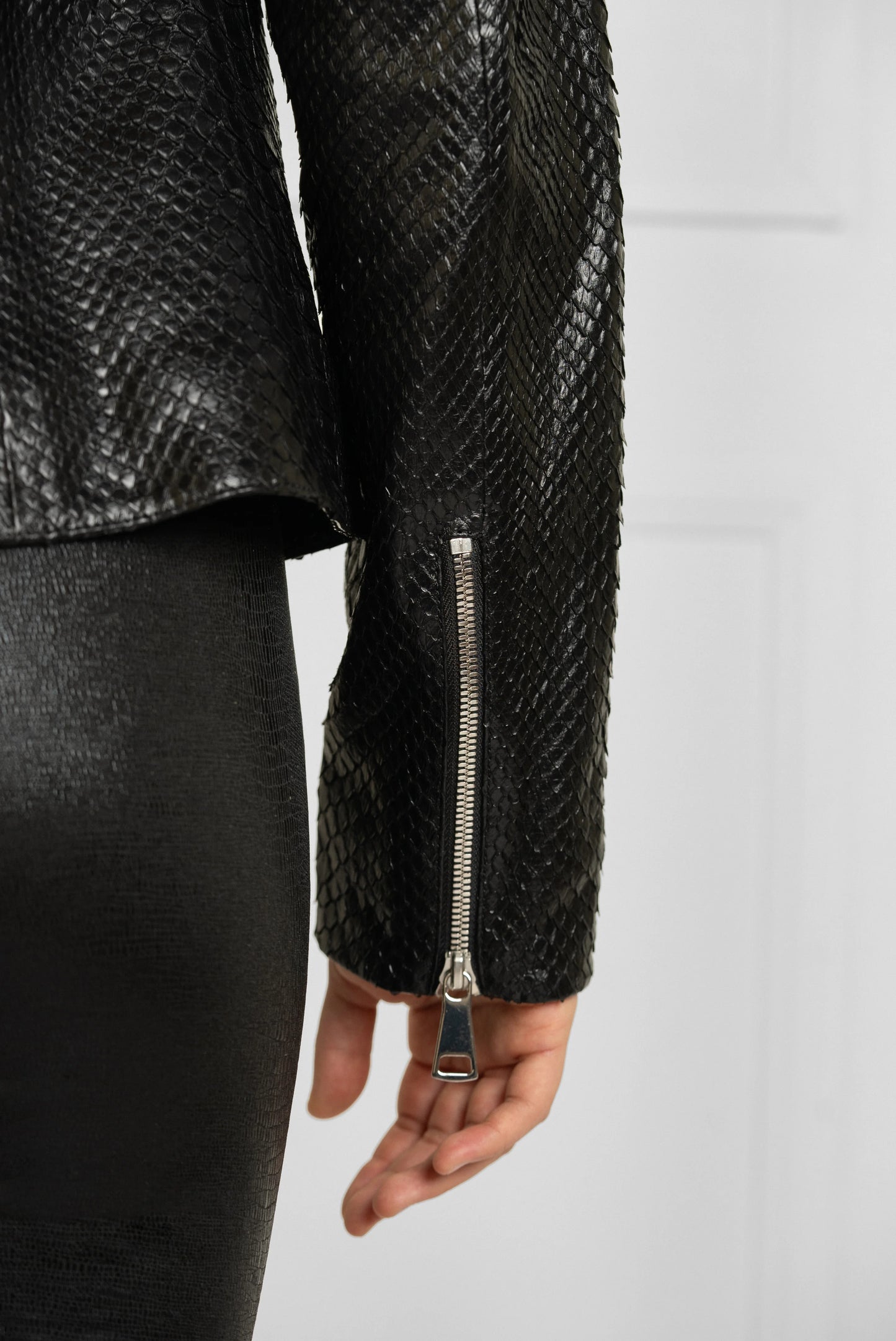 Black python  Leather Jacket with Chinchilla Fur Collar