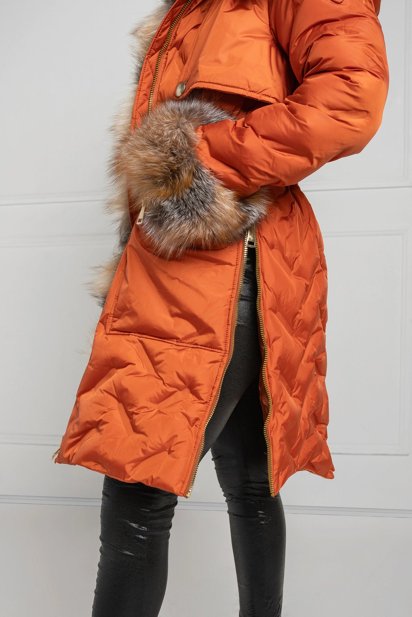 Arctic Glow: Luxe Orange Fox Fur-Trimmed Winter Jacket