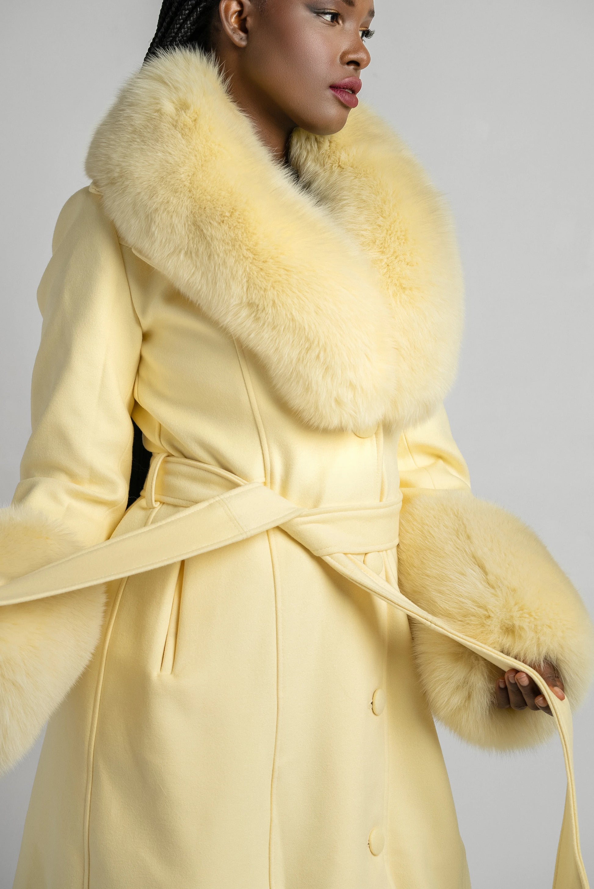 Fox fur top trim coat