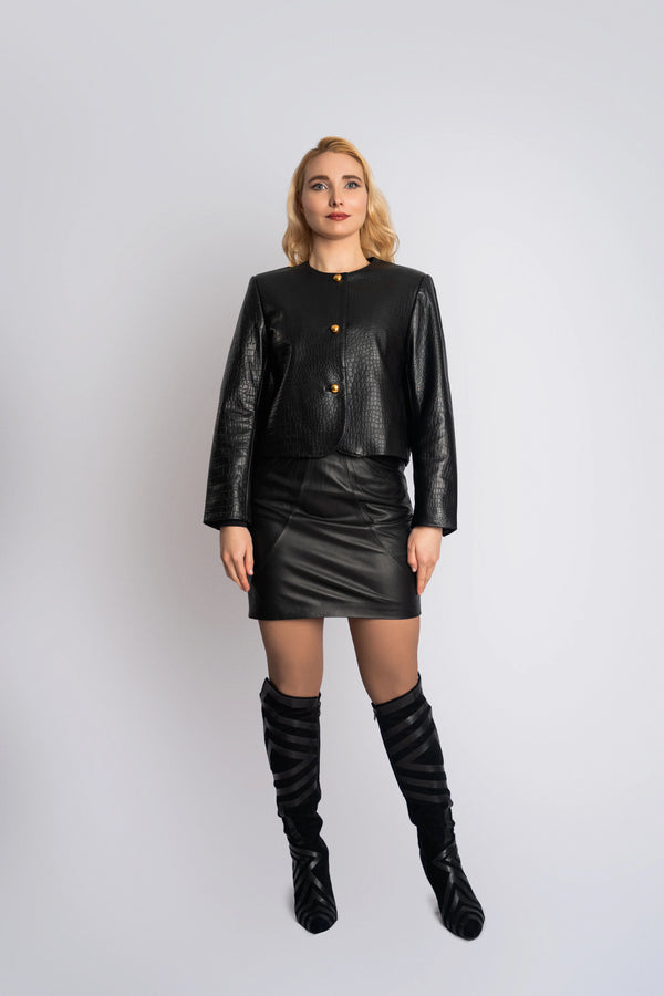 Black Lamb Leather Jacket with Gold Buttons &amp; Snake Print – Timeless Elegance &amp; Sophistication