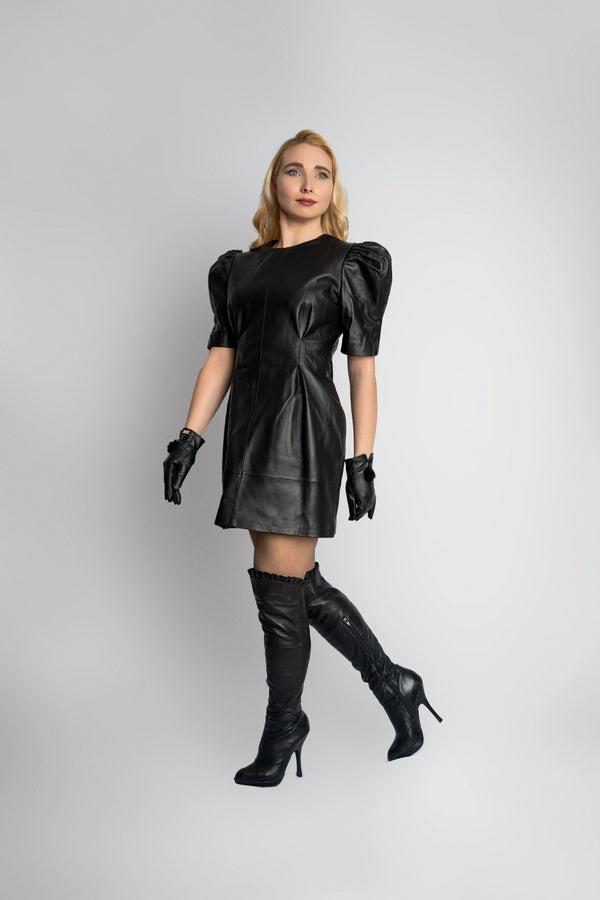 Noir Royale Puff-Sleeve Lambskin Dress