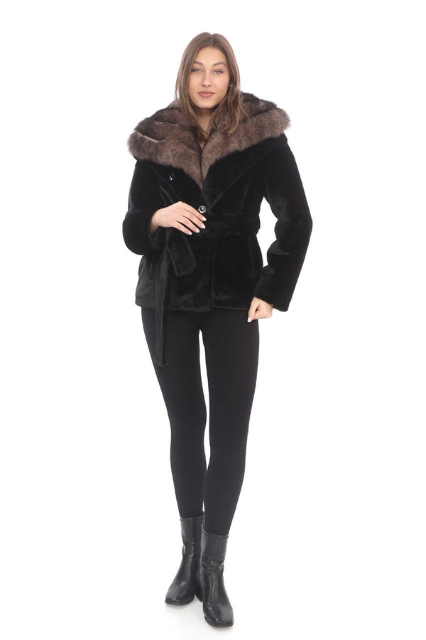 Black Llama Fur Coat with Brown Fox Fur Collar