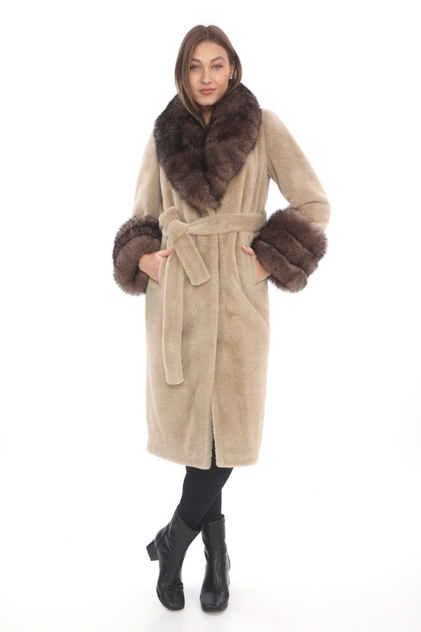 Beige Llama Fur Coat with Dark Brown Fox Fur Collar