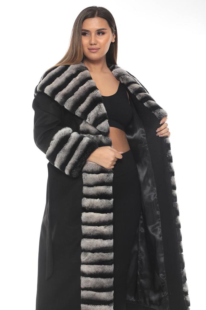 Luxury Black Cashmere Coat with Ethical Rex Fur Trim