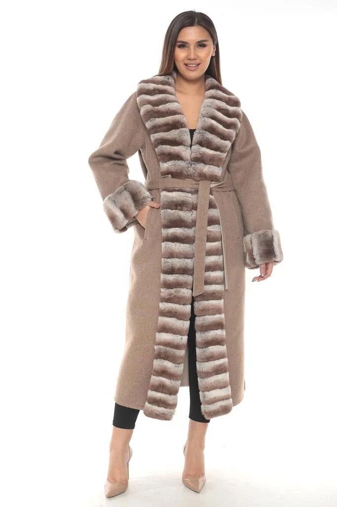 Luxurious Beige Wool Alpaca Long Coat with Rex Fur Details