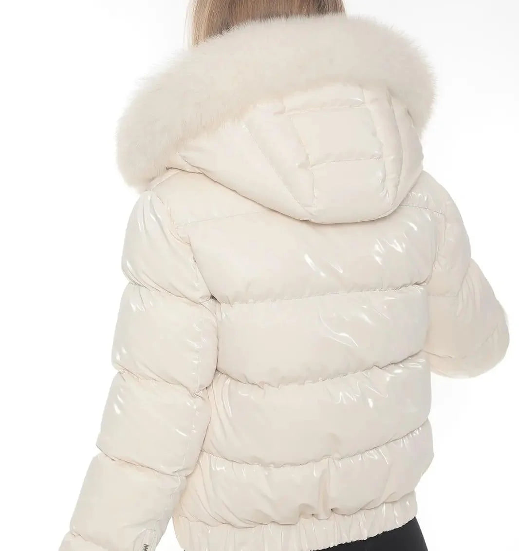 Kolleen Boutique White Puffer Jacket with Fox Fur