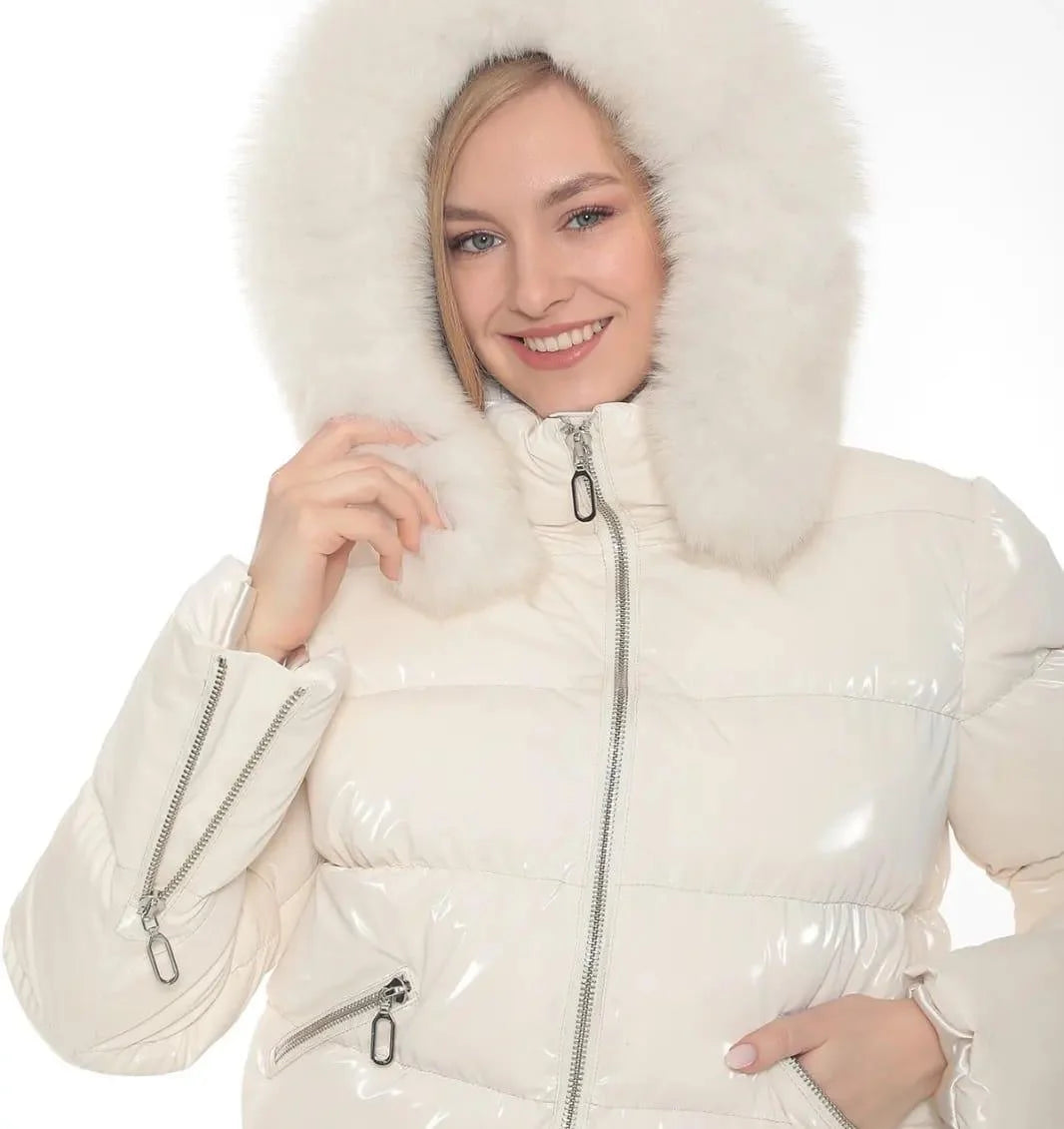 Kolleen Boutique White Puffer Jacket with Fox Fur