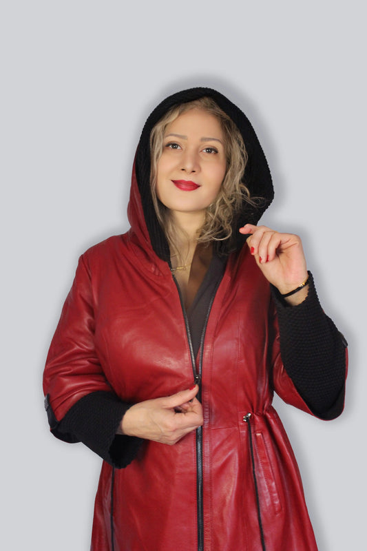 Chic Red Lamb Leather & Black Spun Wool Three-Quarter Jacket