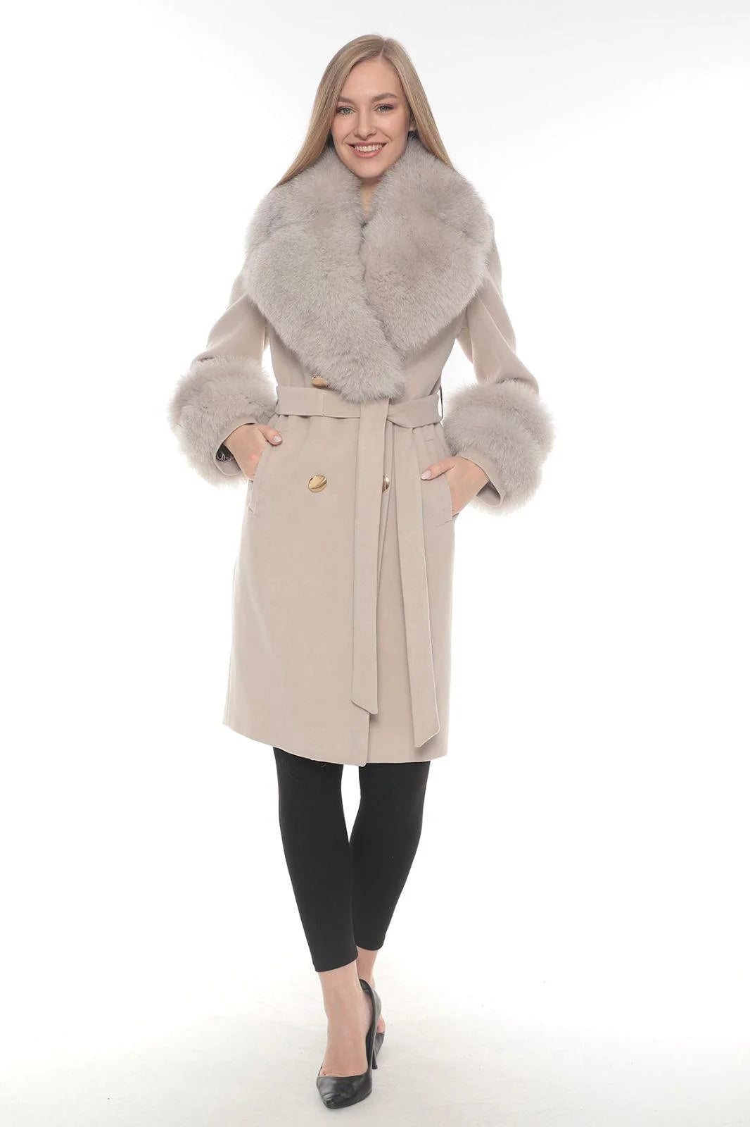 Light beige Cashmere Wool & Fox Fur Coat