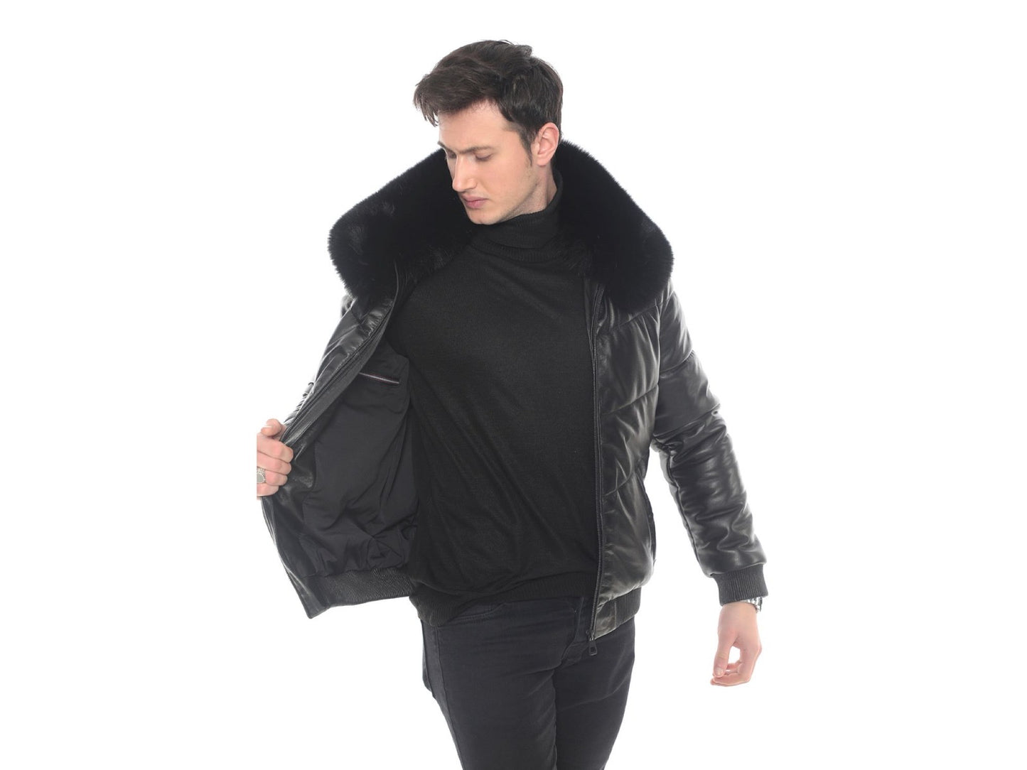 Urban Noir Leather Bomber with Fox Fur Collar