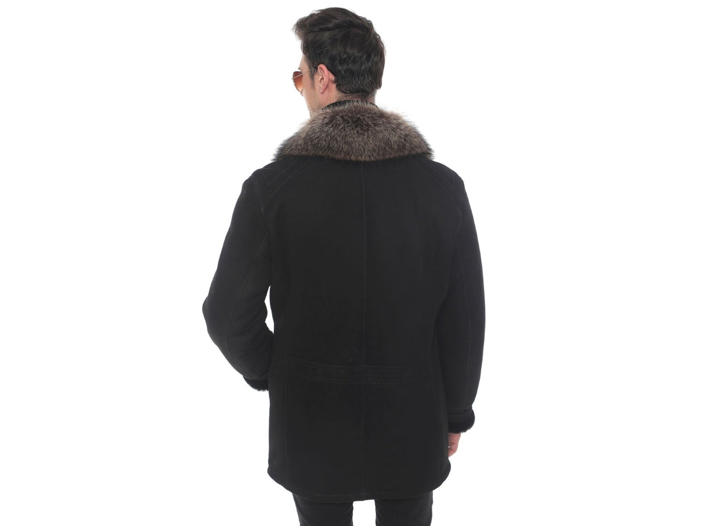 Midnight Elegance: Men's Lamb Suede Jacket with Raccoon Fur Collar