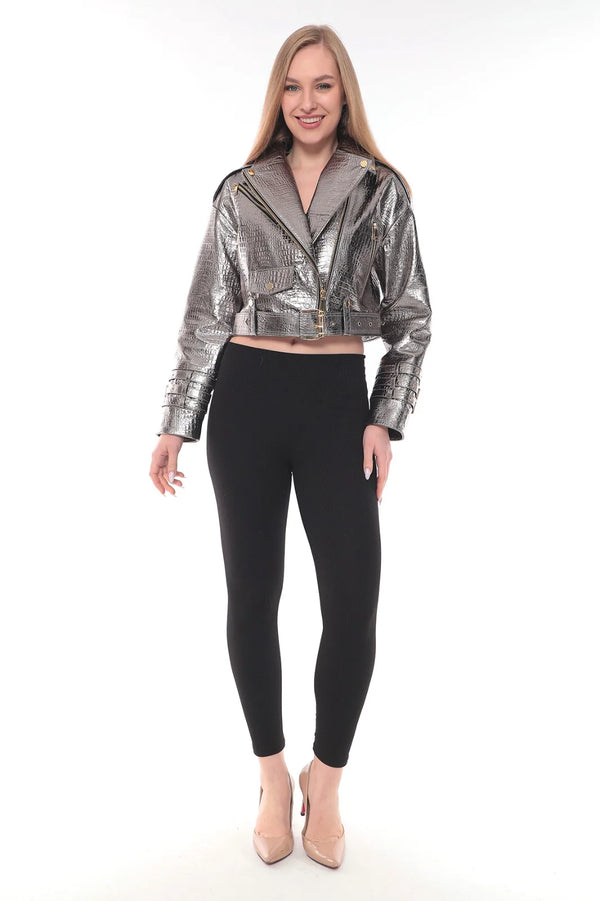 Silver Lamb Leather Snake Print Jacket with Golden Accents