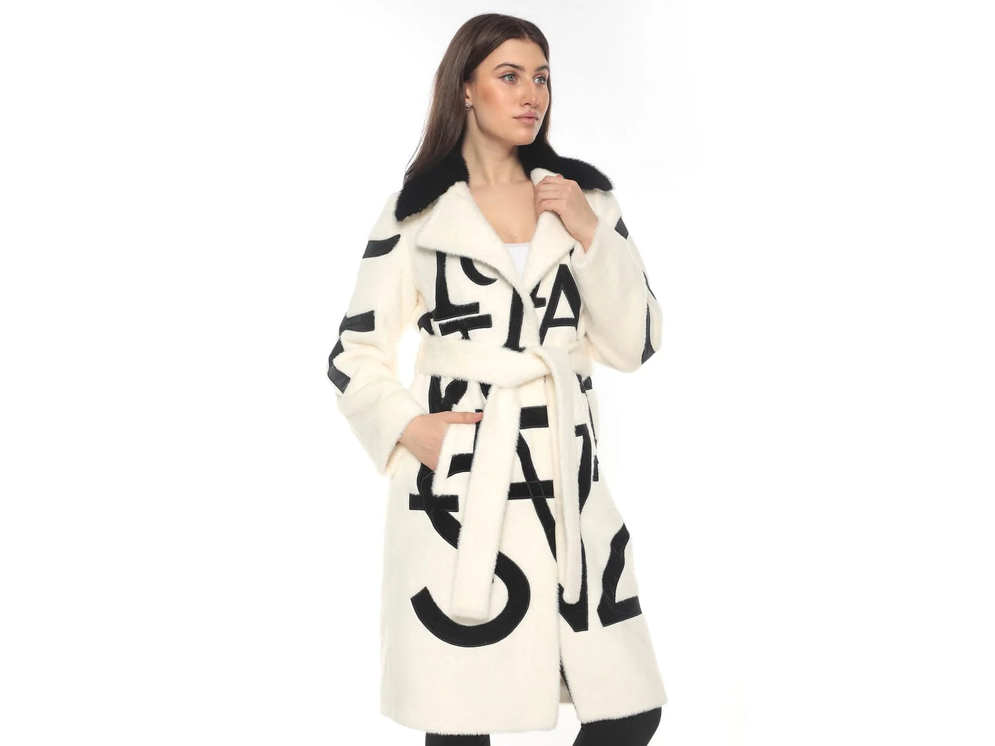 White Lama Wool Knee-Length Coat with Mink Fur Collar & Letter Design