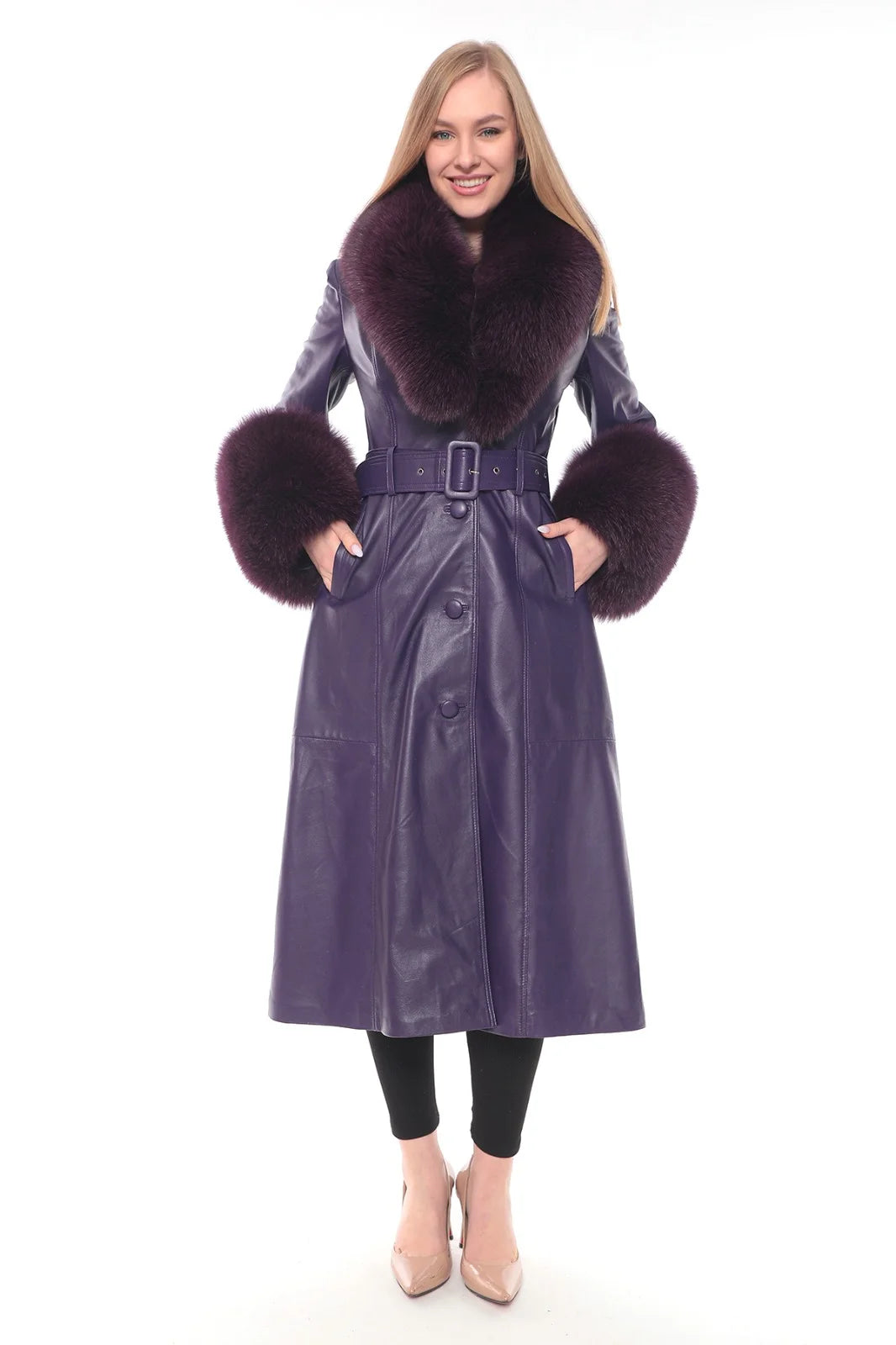 Kolleen Boutique Mauve Lamb Leather Coat with Detachable Fox Fur Accents