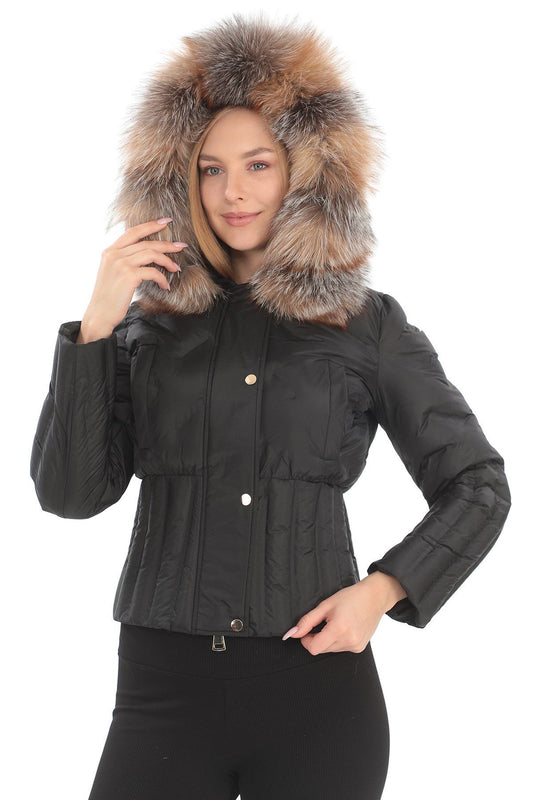 Luxurious Black Puff Jacket with Ethical Fox Fur Trim