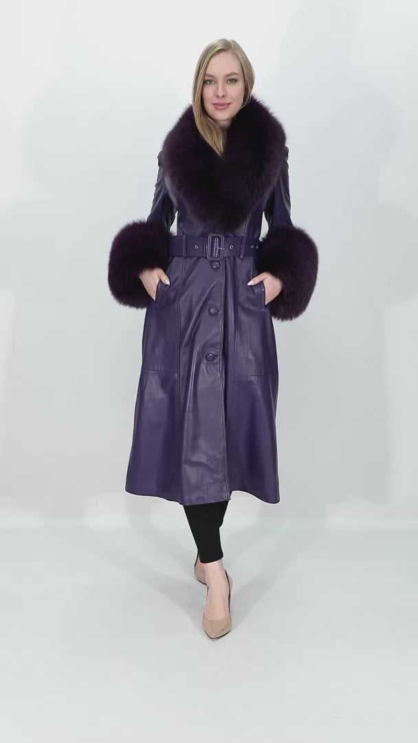 Full length leather coat with 2024 fur trim