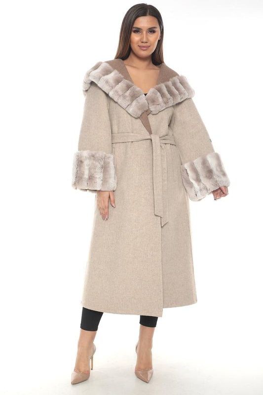 Timeless Beige Alpaca Wool & Rex Fur Long Coat