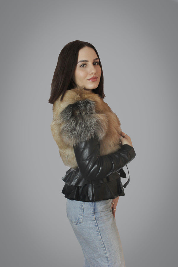 Short black fox fur & leather jacket - Kolleenboutique